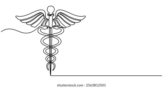  Medical symbol caduceus. Continuous one line art drawing of Vector illustration, Single continuous line drawing caduceus, medical center, pharmacy, hospital with popular symbol of medicine. Medical. 