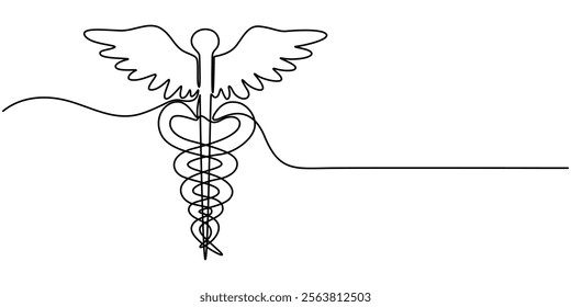  Medical symbol caduceus. Continuous one line art drawing of Vector illustration, Single continuous line drawing caduceus, medical center, pharmacy, hospital with popular symbol of medicine. Medical. 