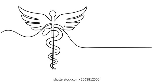  Medical symbol caduceus. Continuous one line art drawing of Vector illustration, Single continuous line drawing caduceus, medical center, pharmacy, hospital with popular symbol of medicine. Medical. 