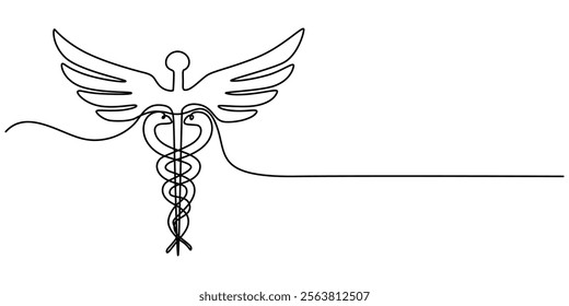  Medical symbol caduceus. Continuous one line art drawing of Vector illustration, Single continuous line drawing caduceus, medical center, pharmacy, hospital with popular symbol of medicine. Medical. 