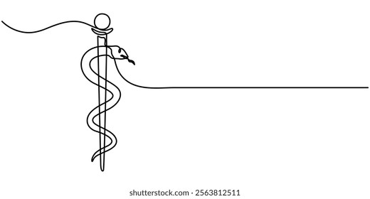  Medical symbol caduceus. Continuous one line art drawing of Vector illustration, Single continuous line drawing caduceus, medical center, pharmacy, hospital with popular symbol of medicine. Medical. 