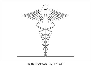 Medical symbol caduceus. Continuous one line art drawing of Vector illustration

