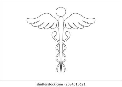 Medical symbol caduceus. Continuous one line art drawing of Vector illustration


