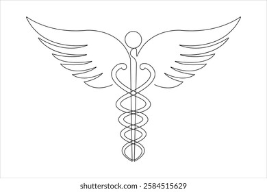 Medical symbol caduceus. Continuous one line art drawing of Vector illustration

