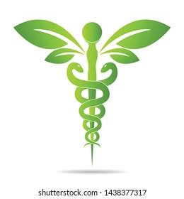  Medical symbol created using snakes and green leaves, Caduceus symbol. Healthy lifestyle is strong heart, vector abstract illustration