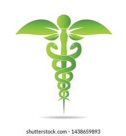  Medical symbol created using snakes and green leaves, Caduceus symbol. Healthy lifestyle is strong heart, vector abstract illustration