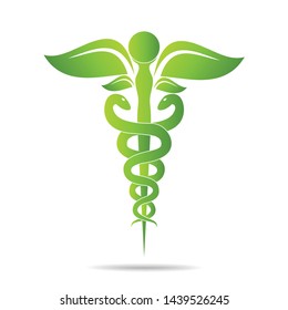  Medical symbol created using snakes and green leaves, Caduceus symbol. Healthy lifestyle is strong heart, vector abstract illustration