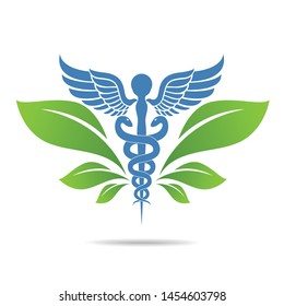 Medical symbol created using snakes and green leaves, Caduceus symbol. Healthy lifestyle is strong heart, vector abstract illustration