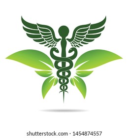 Medical symbol created using snakes and green leaves, Caduceus symbol. Healthy lifestyle is strong heart, vector abstract illustration