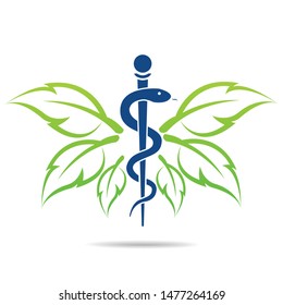 Medical symbol created using snakes and green leaves, Caduceus symbol. Healthy lifestyle is strong heart, vector abstract illustration
