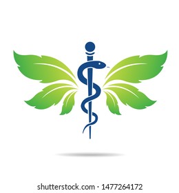 Medical symbol created using snakes and green leaves, Caduceus symbol. Healthy lifestyle is strong heart, vector abstract illustration