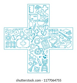 Medical symbol - cross. The cutest doodle medicine icon set for your design. Hand drawn Health care, pharmacy, medical cartoon emblem. Vector illustrations eps 10.