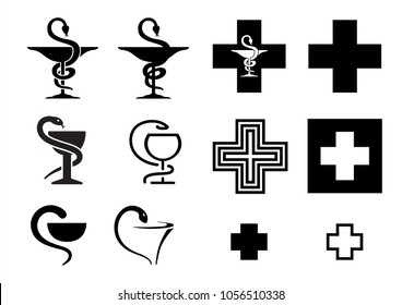 Medical Symbol Of The Emergency Star Of Life Icon. Vector Caduceus Sign. Doctor Esculaap. Drugstor Pharmacy Pharma Sign. Aesculapius Or Asclepius Snake Staff Plus Medic Cup Health Store Shop