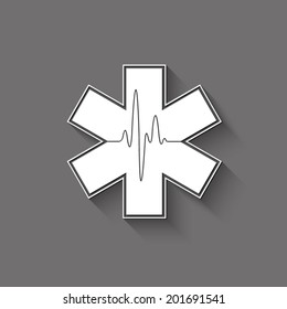 Medical symbol of the Emergency - Star of Life with cardiogram - white vector illustration with shadow on gray background
