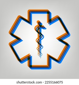 Medical symbol of the Emergency or Star of Life. Stroked Icon in orange, azure and old lavender Colors at gray Background. Illustration.