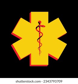 Medical symbol of the Emergency or Star of Life. 3D Extruded Yellow Icon with Red Sides a Black background. Illustration.