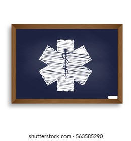 Medical symbol of the Emergency or Star of Life. White chalk icon on blue school board with shadow as background. Isolated.
