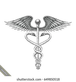 Medical Symbol Hand Drawing Vintage Style.Aesculapius Hand Drawing Engraving Style Black And White Logo