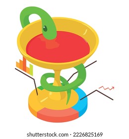 Medical symbol icon isometric vector. Green snake around golden bowl of liquid. Bowl of hygieia, pharmacy symbol
