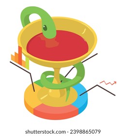 Medical symbol icon isometric vector. Green snake around golden bowl of liquid. Bowl of hygieia, pharmacy symbol