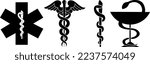 Medical symbol icons set. Star of Life with cross, caduceus, Rod of Asclepius and pharmacy symbol Bowl of Hygieia. Isolated on white background. Logo sign concept. Medicine. Vector illustration.