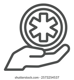 Medical symbol on hand palm line icon, human rescue concept. Vector graphics. Hand with medicine sign on white background, outline style icon for mobile or web design