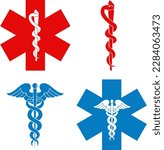 Medical symbol set red and blue cross Star of Life. Rod of Asclepius logo. Caduceus icon. Isolated on white background. First aid. Emergency symbol. Vector illustration.
