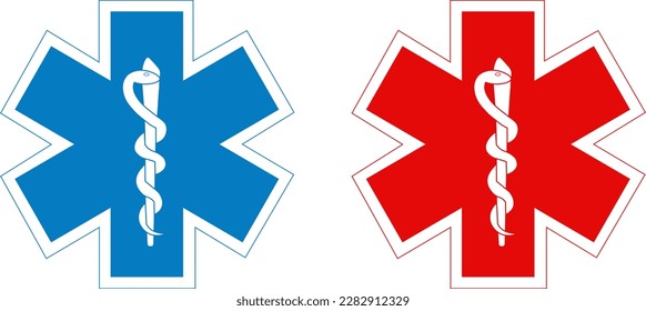 Medical symbol set red and blue Star of Life with Rod of Asclepius. Emergency logo icon isolated on white background. First aid. Vector illustration.