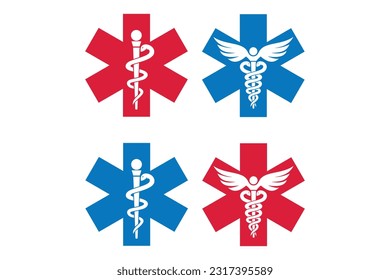 Medical symbol set red and blue Star of Life with Rod of Asclepius logo icon isolated. First aid. Emergency symbol Vector illustration