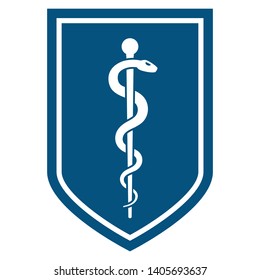 Medical symbol - Staff of Asclepius or Caduceus simple icon on flat the shield. The snake entwined around a wooden staff. Other name Rod of Aesculapius. Vector illustration