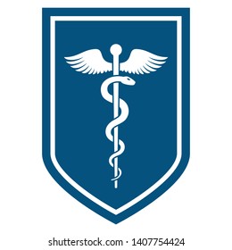 Medical symbol - Staff of Asclepius or Caduceus with wings icon on the flat shield. The snake entwined around a wooden staff with wings. Other name Rod of Aesculapius. Vector illustration