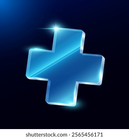 Medical symbols cross or plus transparent glass on blue background. Used for design advertising media. Vector EPS10.