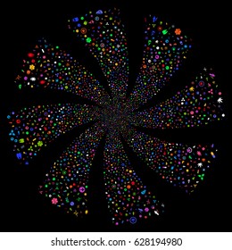 Medical Symbols fireworks swirl rotation. Vector illustration style is flat bright multicolored iconic symbols on a black background. Object twirl combined from random design elements.