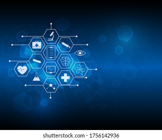 Medical symbols and modern health innovations on a blue background