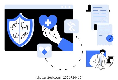 Medical symbols on a shield, a hand holding a heart, and a doctor with a tablet connected by dotted lines. Ideal for healthcare, technology, medical research, telemedicine, modern medical solutions