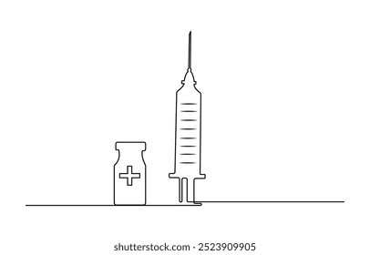 Jeringuilla médica y botella con la droga líquida en una línea continua que dibuja la Ilustración vectorial, la jeringuilla médica y la botella con la droga líquida en estilo continuo del dibujo del arte de la línea. Tratamiento,