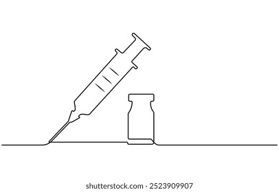 Jeringuilla médica y botella con la droga líquida en una línea continua que dibuja la Ilustración vectorial, la jeringuilla médica y la botella con la droga líquida en estilo continuo del dibujo del arte de la línea. Tratamiento,