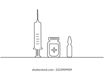 Jeringuilla médica y botella con la droga líquida en una línea continua que dibuja la Ilustración vectorial, la jeringuilla médica y la botella con la droga líquida en estilo continuo del dibujo del arte de la línea. Tratamiento,