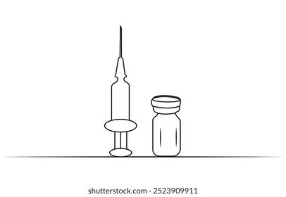 Jeringuilla médica y botella con la droga líquida en una línea continua que dibuja la Ilustración vectorial, la jeringuilla médica y la botella con la droga líquida en estilo continuo del dibujo del arte de la línea. Tratamiento,