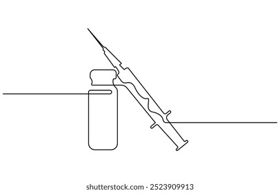 Jeringuilla médica y botella con la droga líquida en una línea continua que dibuja la Ilustración vectorial, la jeringuilla médica y la botella con la droga líquida en estilo continuo del dibujo del arte de la línea. Tratamiento,