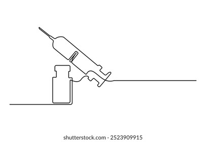 Jeringuilla médica y botella con la droga líquida en una línea continua que dibuja la Ilustración vectorial, la jeringuilla médica y la botella con la droga líquida en estilo continuo del dibujo del arte de la línea. Tratamiento,