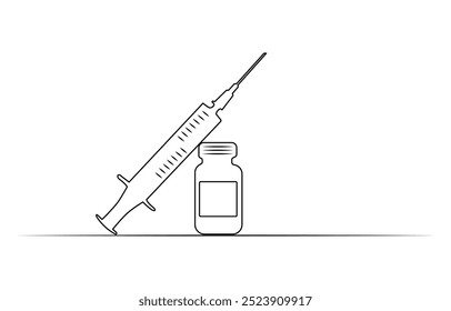 Jeringuilla médica y botella con la droga líquida en una línea continua que dibuja la Ilustración vectorial, la jeringuilla médica y la botella con la droga líquida en estilo continuo del dibujo del arte de la línea. Tratamiento,