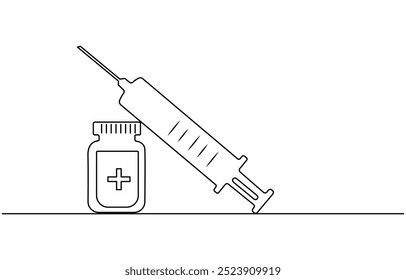 Jeringuilla médica y botella con la droga líquida en una línea continua que dibuja la Ilustración vectorial, la jeringuilla médica y la botella con la droga líquida en estilo continuo del dibujo del arte de la línea. Tratamiento,