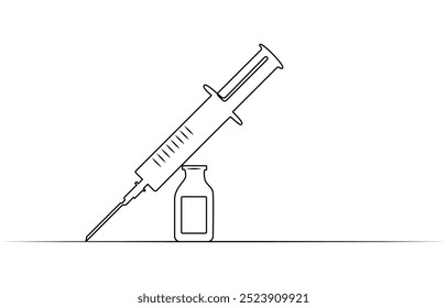 Jeringuilla médica y botella con la droga líquida en una línea continua que dibuja la Ilustración vectorial, la jeringuilla médica y la botella con la droga líquida en estilo continuo del dibujo del arte de la línea. Tratamiento,