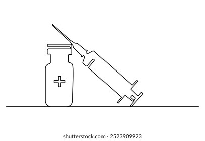 Jeringuilla médica y botella con la droga líquida en una línea continua que dibuja la Ilustración vectorial, la jeringuilla médica y la botella con la droga líquida en estilo continuo del dibujo del arte de la línea. Tratamiento,