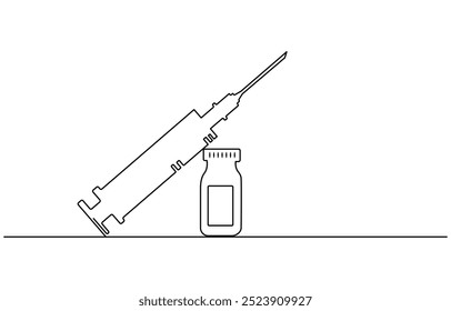 Jeringuilla médica y botella con la droga líquida en una línea continua que dibuja la Ilustración vectorial, la jeringuilla médica y la botella con la droga líquida en estilo continuo del dibujo del arte de la línea. Tratamiento,