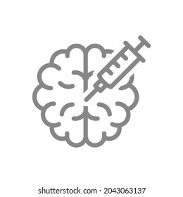 Medical syringe and brain line icon. Vaccination, injection into the brain, adjustment memory symbol