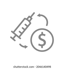 Medical syringe and coin line icon. Vaccination, paid injection, worldwide immunity symbol