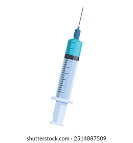 Medical syringe is depicted with a blue liquid inside, suggesting its use for vaccination or administering medication