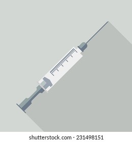 Medical syringe in flat design style width shadow